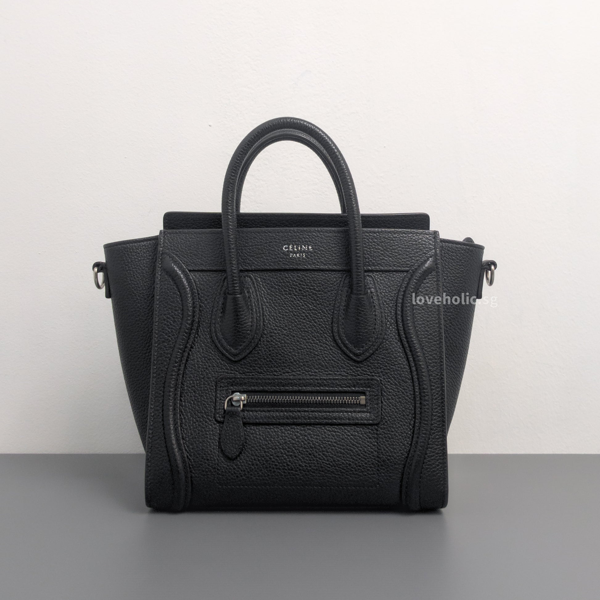 Celine Luggage Nano | Black Calfskin Ruthenium Hardware-whitebackground