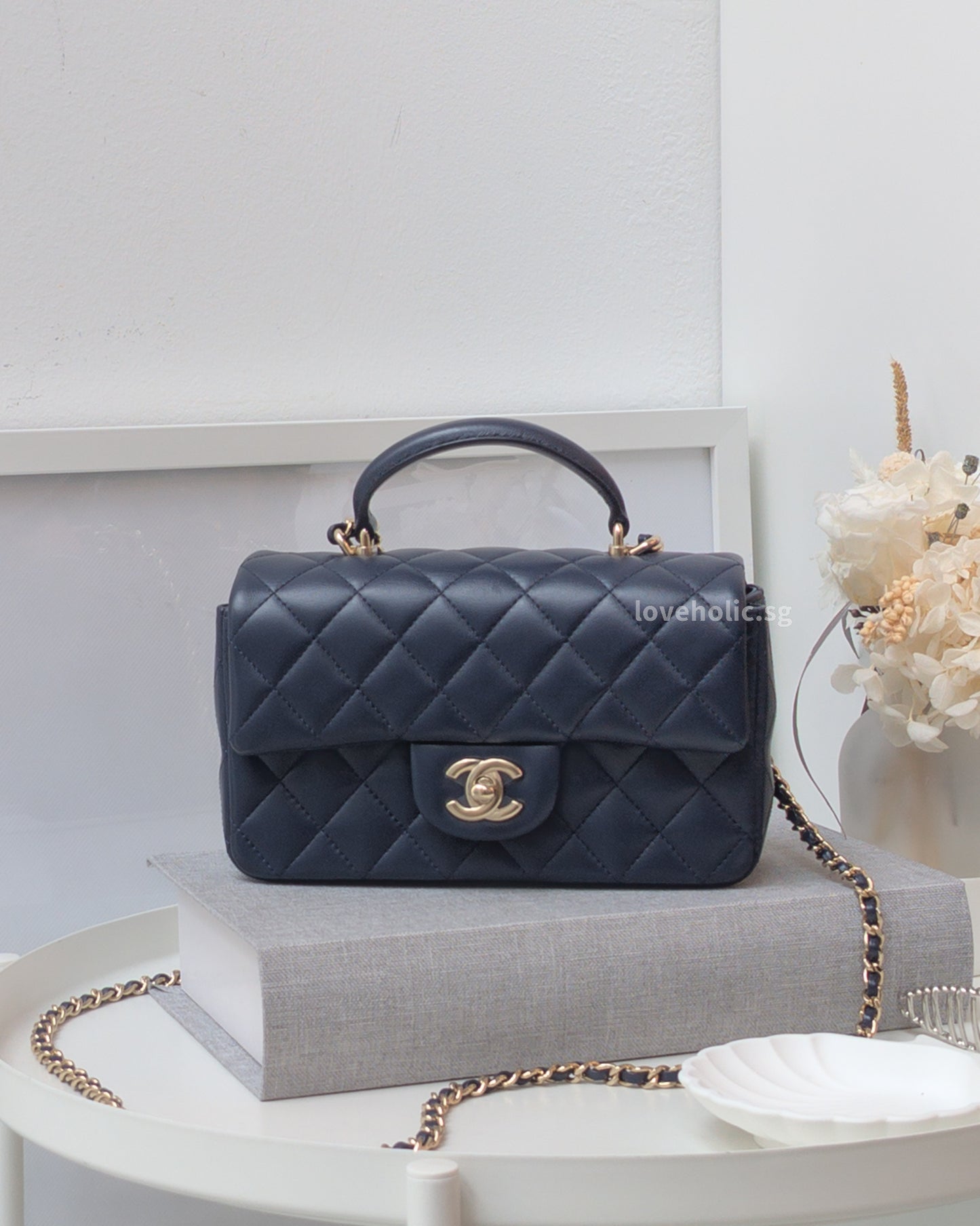 Chanel Mini Rectangle with Top Handle 24P Navy Lambskin Light Gold Hardware-main
