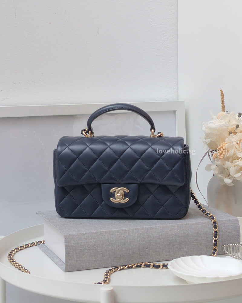 Chanel Mini Rectangle with Top Handle 24P Navy Lambskin Light Gold Hardware-main