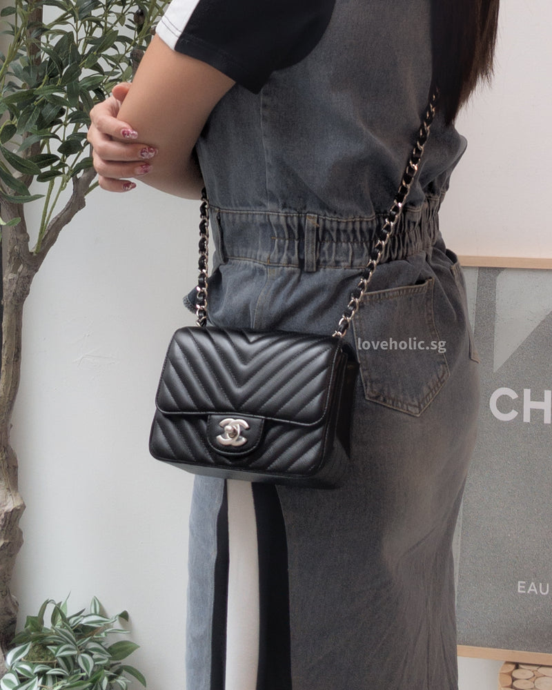 Chanel Classic Flap Chervon Mini Square | Black Lambskin Silver Hardware-modelshots