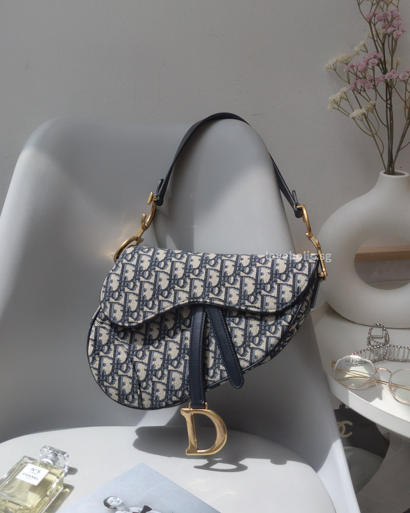 Dior Saddle Medium | Blue Oblique Jacquard Fabric Brushed Gold Hardware-main