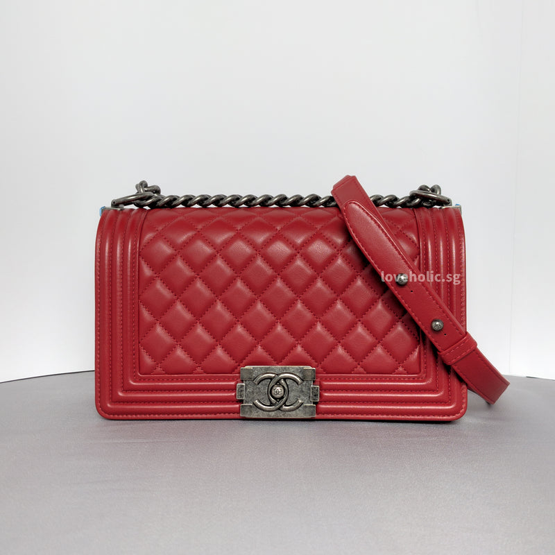 Chanel Boy Medium | Red Lambskin Ruthenium Hardware-whitebackground