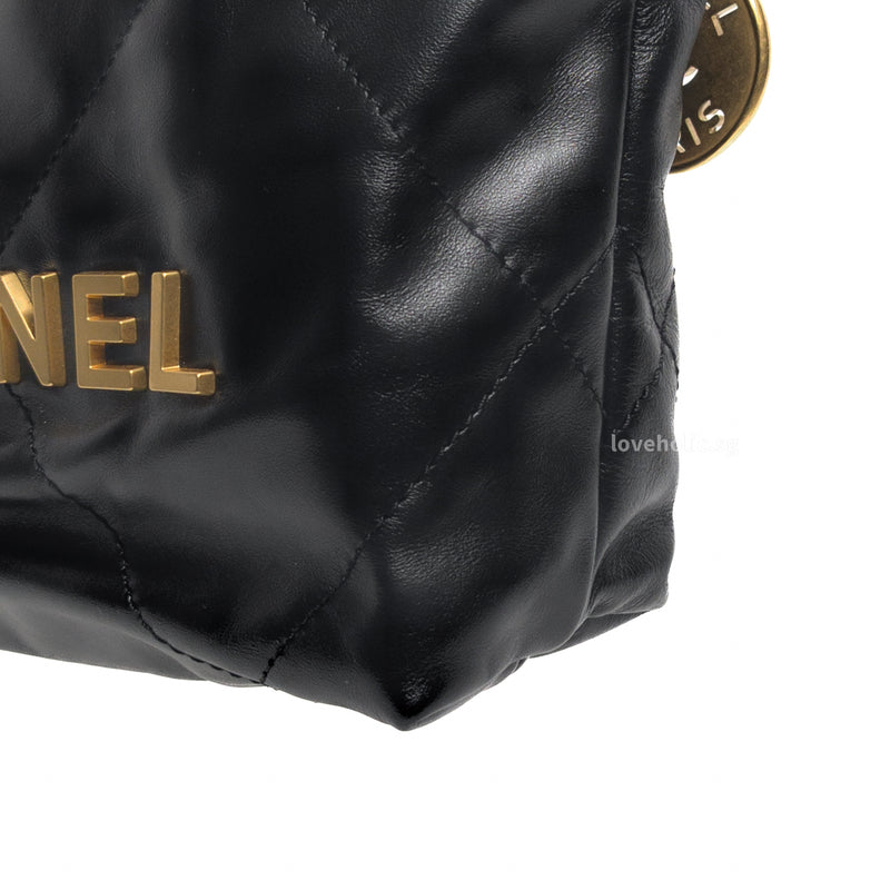 Chanel 22 Bag Mini | Black Calfskin Brushed Gold Hardware