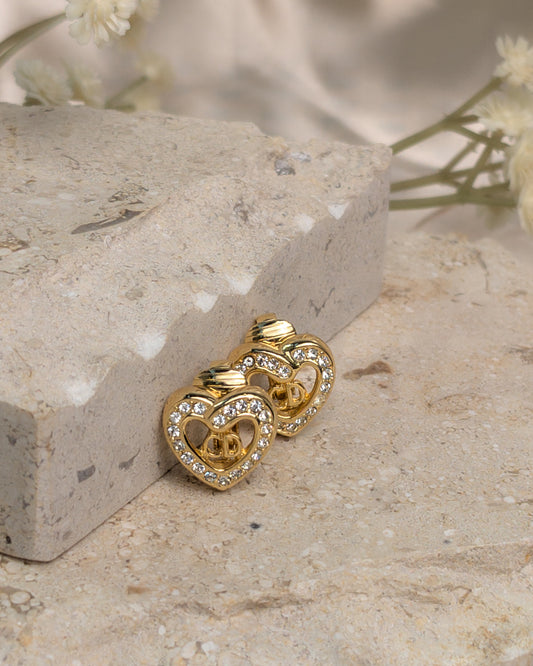 Dior Vintage Earrings Rhinestone Heart clip on | Gold Hardware-main