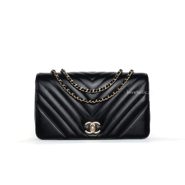 Chanel Quilted Flap Bag Medium | Chevron Black Calfskin Light Gold Hardware