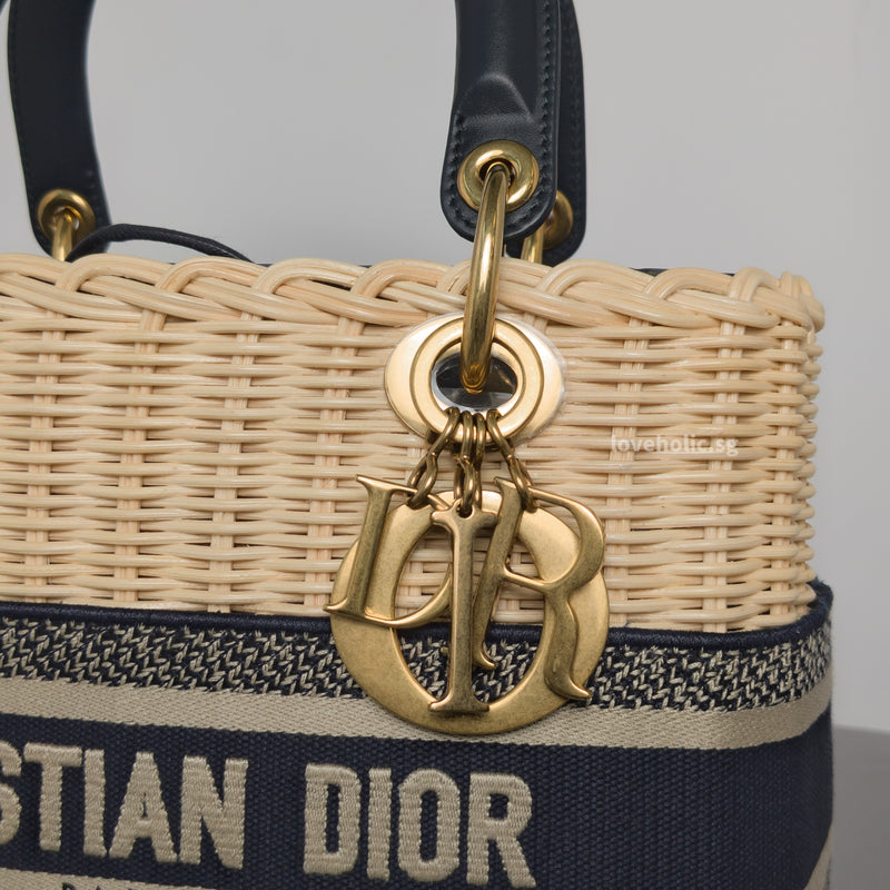 Dior Lady Dior Medium | Blue Oblique Jacquard Natural Wicker Brushed Gold Hardware