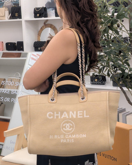 Chanel Deauville Shopping Tote Beige Canvas Silver Hardware-modelshots