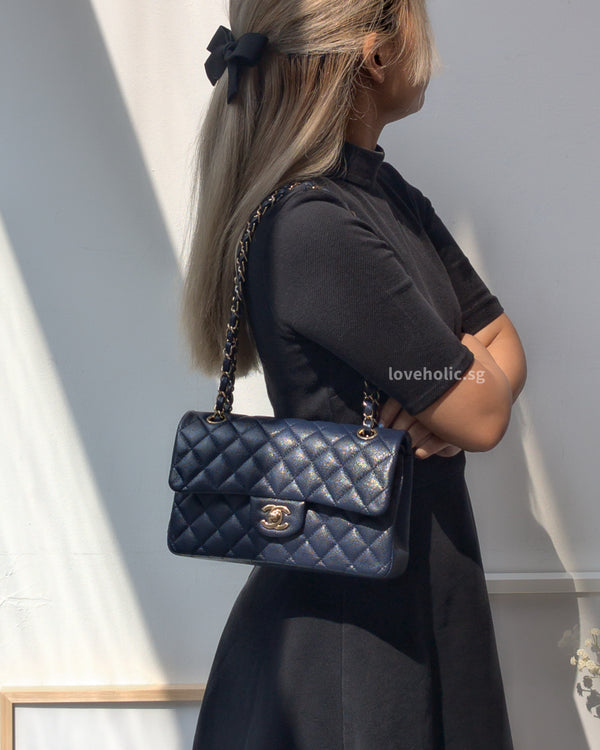 Chanel Classic Flap Small | 19C Navy Blue Caviar Light Gold Hardware-modelshots