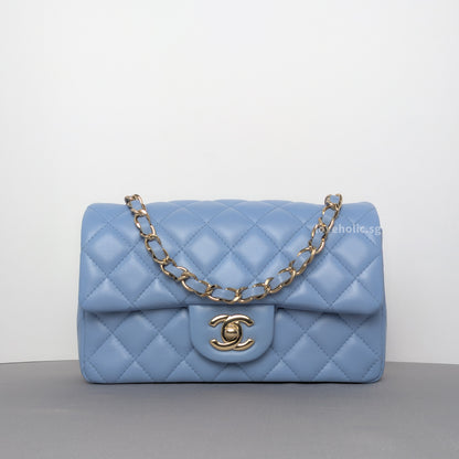 Chanel Classic Flap Mini Rectangle | 21C Sky Blue Lambskin Light Gold Hardware-whitebackground