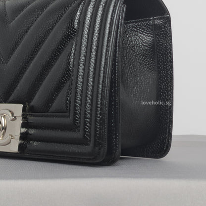 Boy Chevron Small | Black Caviar Silver Hardware