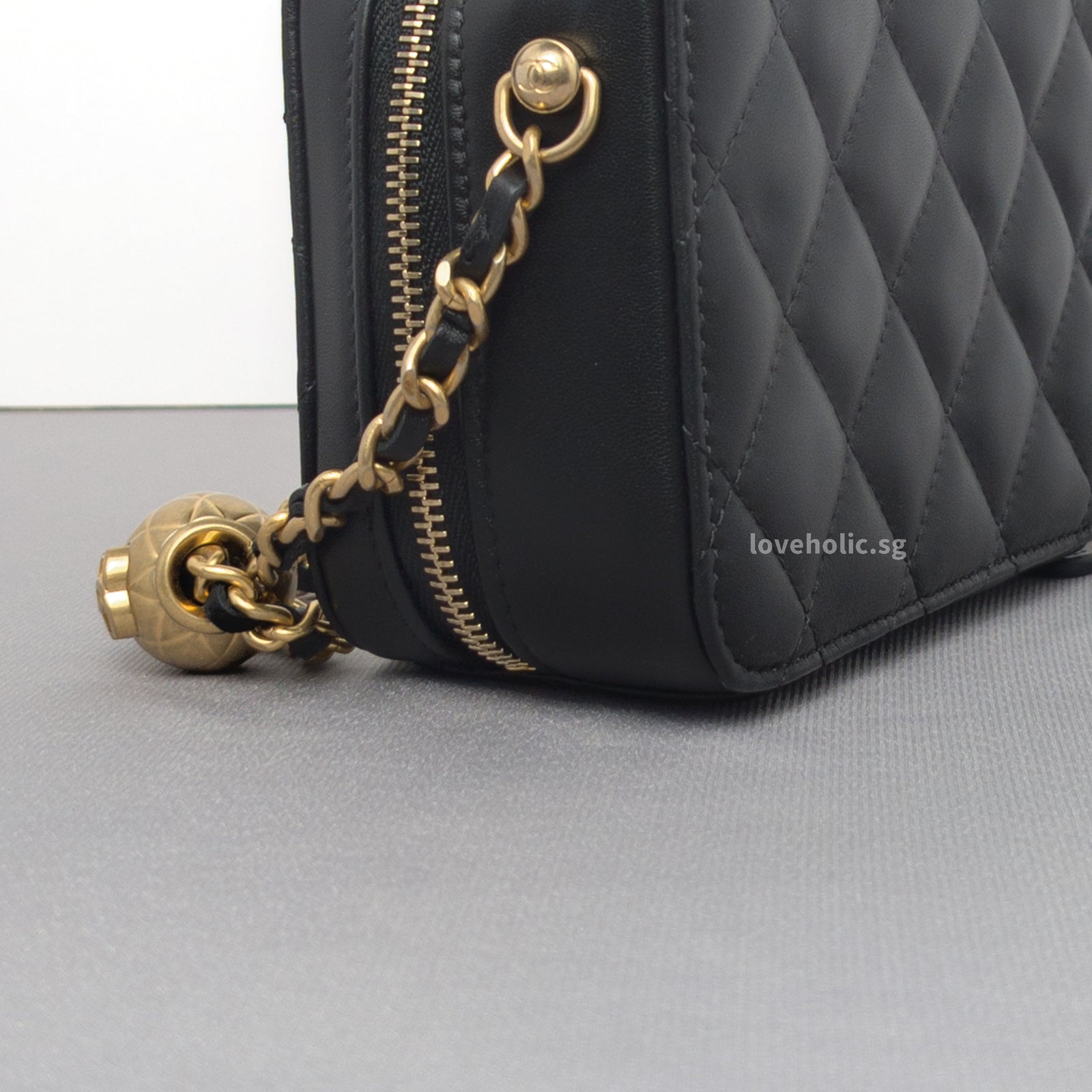 Chanel Camera Bag Mini with Pearl Crush | Black Lambskin Brushed