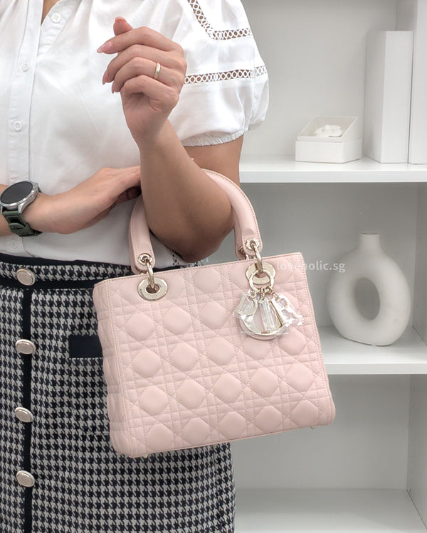 Dior Lady Dior Medium | Powder Pink Lambskin Light Gold Hardware-modelshots