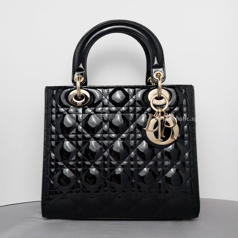Dior My Lady Dior Medium | Black Patent Leather Light Gold Hardware-whitebackground