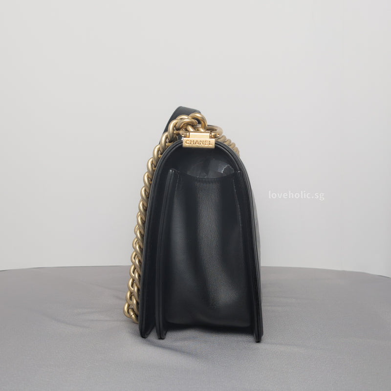 Chanel Boy Old Medium | Black Lambskin Brushed Gold Hardware-details