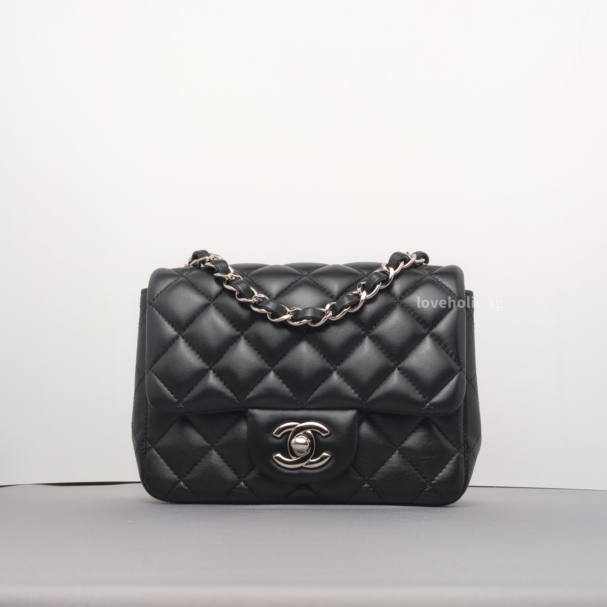 Chanel Classic Flap Mini Square | Black Lambskin Silver Hardware-whitebackground