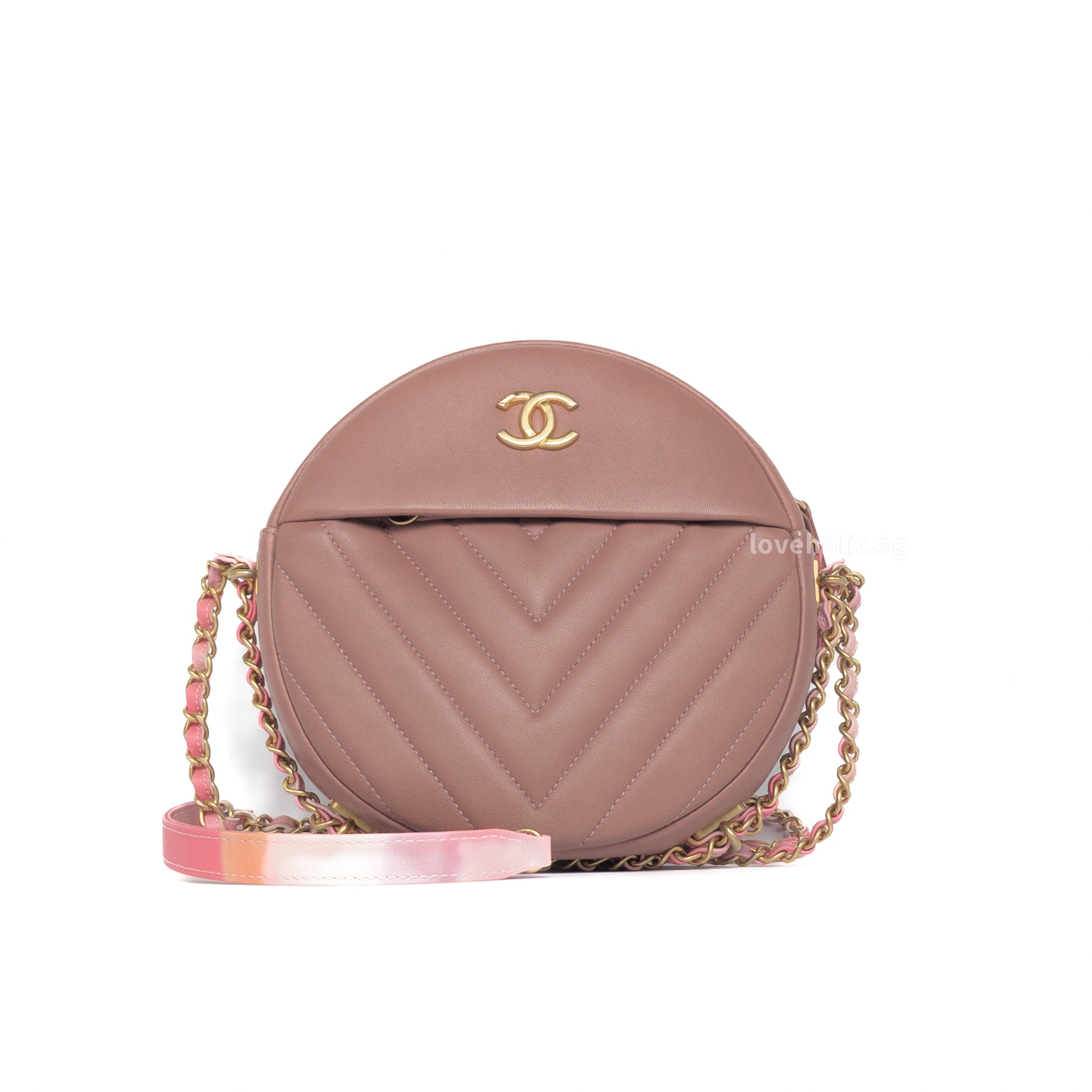 Chanel Round Clutch with Chain  | Pink Lambskin Brushed Gold Hardware-whitebackground