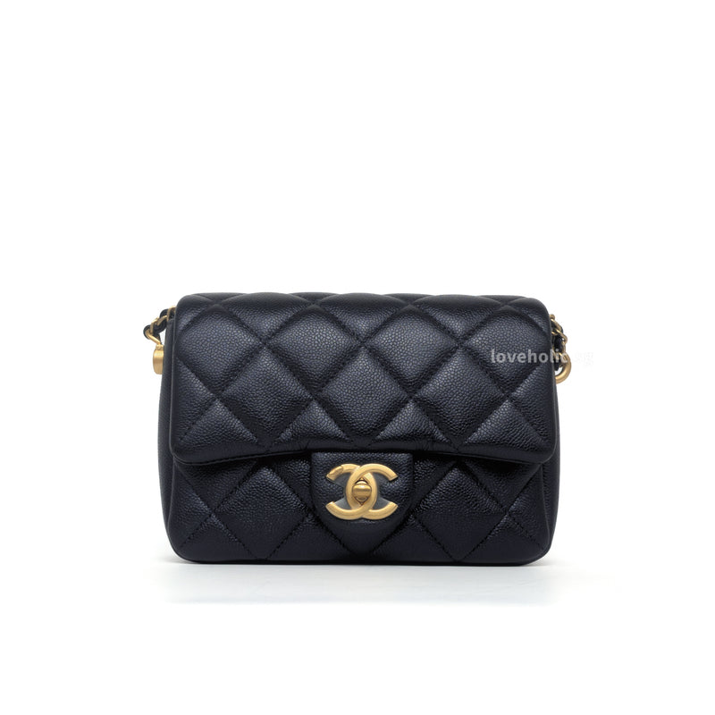 Chanel Flap Bag Perfect Mini | 21K Iridescent Black Caviar Brushed Gold Hardware-whitebackground