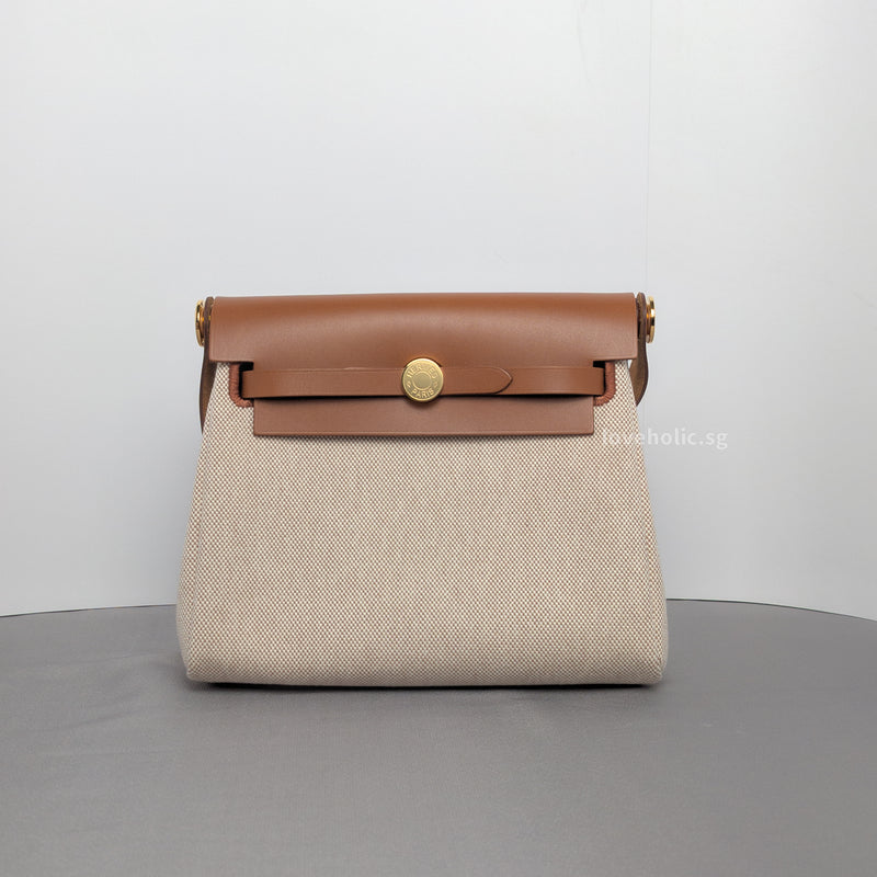 Hermes Herbag 20 | Ecru Beige/Fauve Gold Hardware-whitebackground