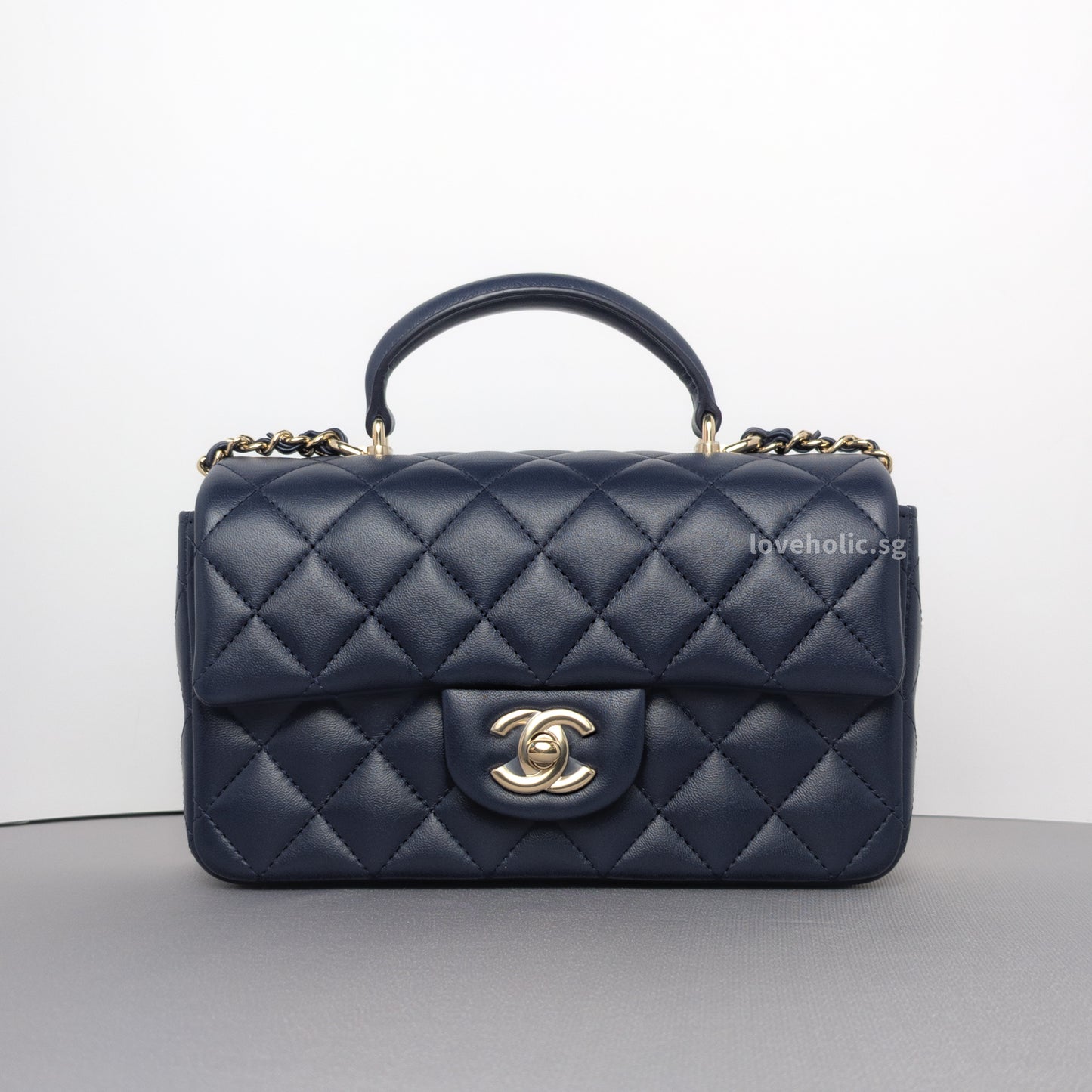 Chanel Mini Rectangle with Top Handle 24P Navy Lambskin Light Gold Hardware-whitebackground