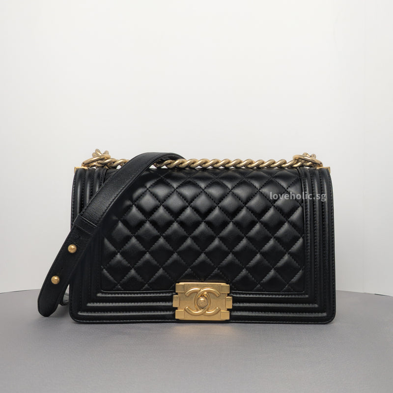 Chanel Boy Old Medium | Black Lambskin Brushed Gold Hardware-whitebackground