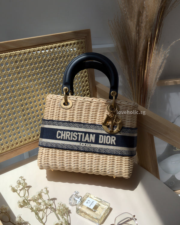 Dior Lady Dior Medium | Blue Oblique Jacquard Natural Wicker Brushed Gold Hardware-main