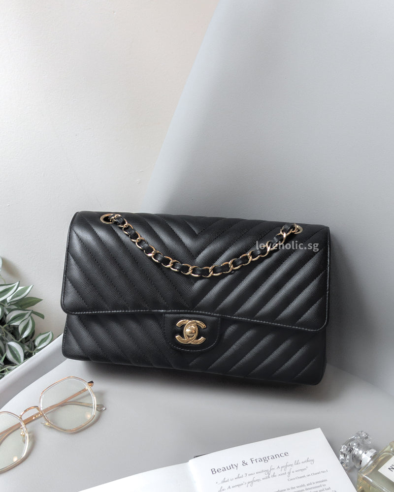 Chanel Classic Flap Chervon Medium | Black Caviar Light Gold Hardware-main