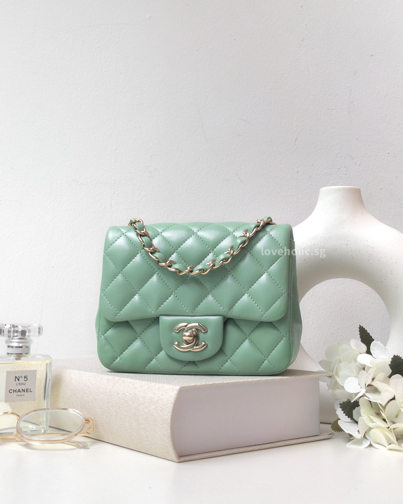 Chanel Classic Flap Mini Square | 21C Light Green Lambskin Light Gold ...