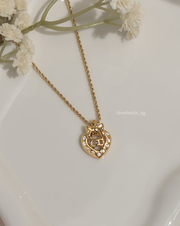 Dior Vintage Necklace Rhinestone Heart CD Logo | Gold Hardware-main