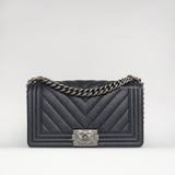 Chanel Old Boy Chervon Medium | Midnight Blue Caviar Ruthenium Hardware-whitebackground