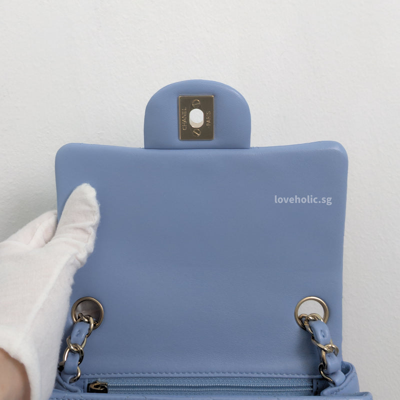 Classic Flap Mini Square  | Sky Blue Lambskin Light Gold Hardware