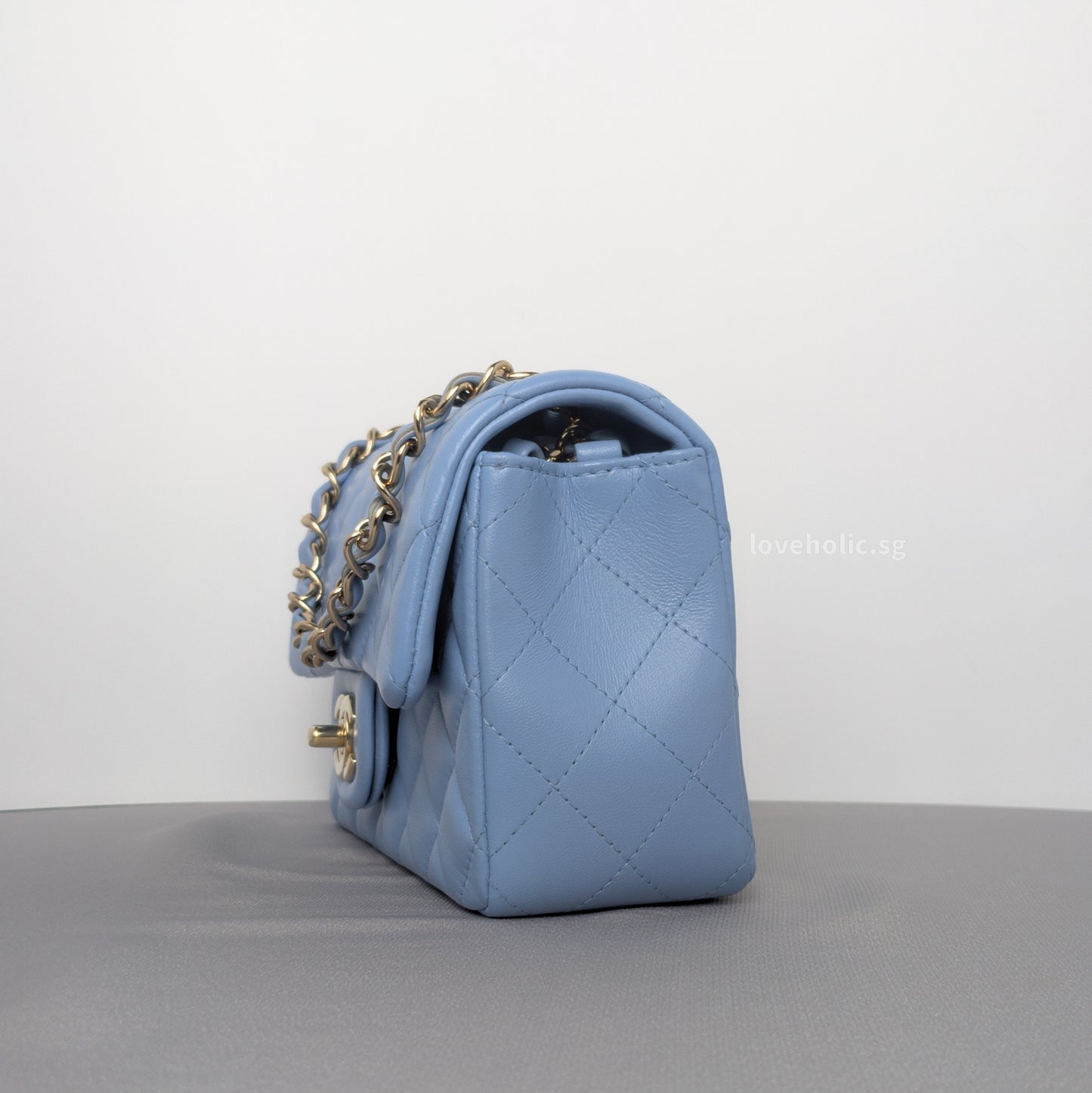 Chanel Classic Flap Mini Rectangle | 21C Sky Blue Lambskin Light Gold Hardware-details