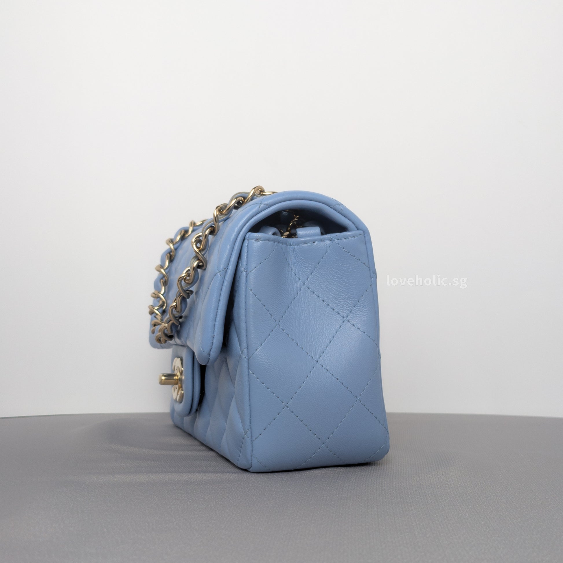Chanel Classic Flap Mini Rectangle | 21C Sky Blue Lambskin Light Gold Hardware-details