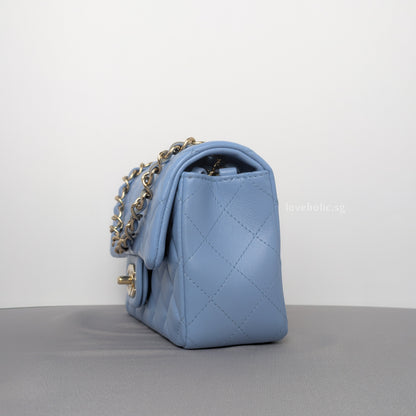 Chanel Classic Flap Mini Rectangle | 21C Sky Blue Lambskin Light Gold Hardware-details
