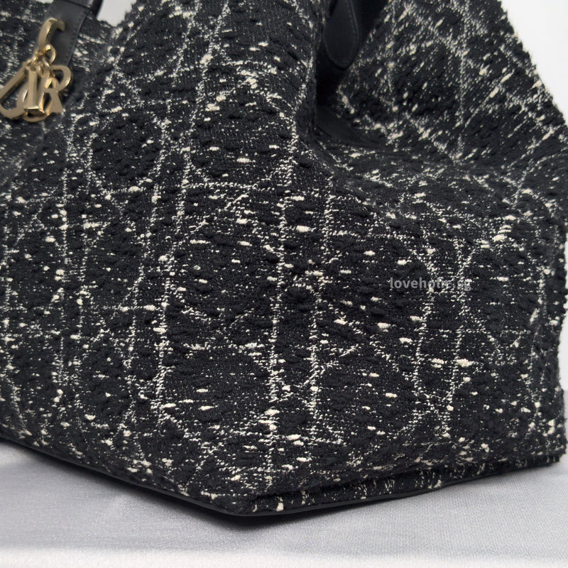 Large Toujours | Black Tweed with White Cannage Motif Light Gold Hardware