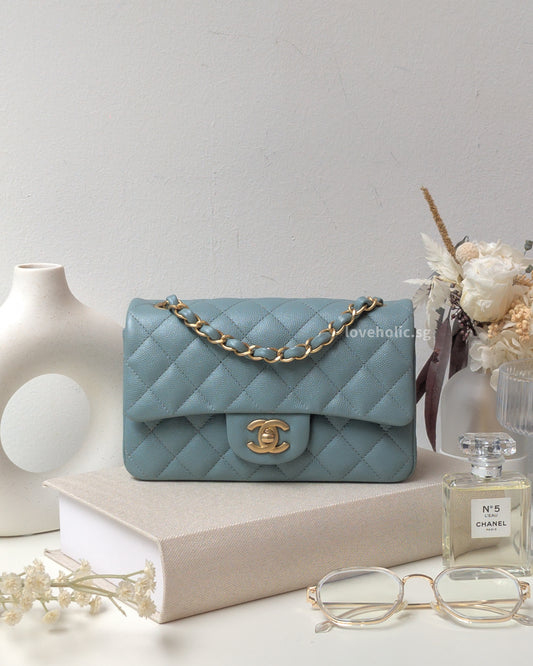 Chanel Classic Flap Mini Rectangle | 18C Iridescent Tiffany Blue Caviar Gold Hardware-main