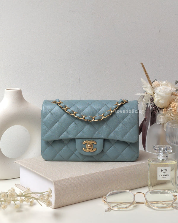 Chanel Classic Flap Mini Rectangle | 18C Iridescent Tiffany Blue Caviar Gold Hardware-main