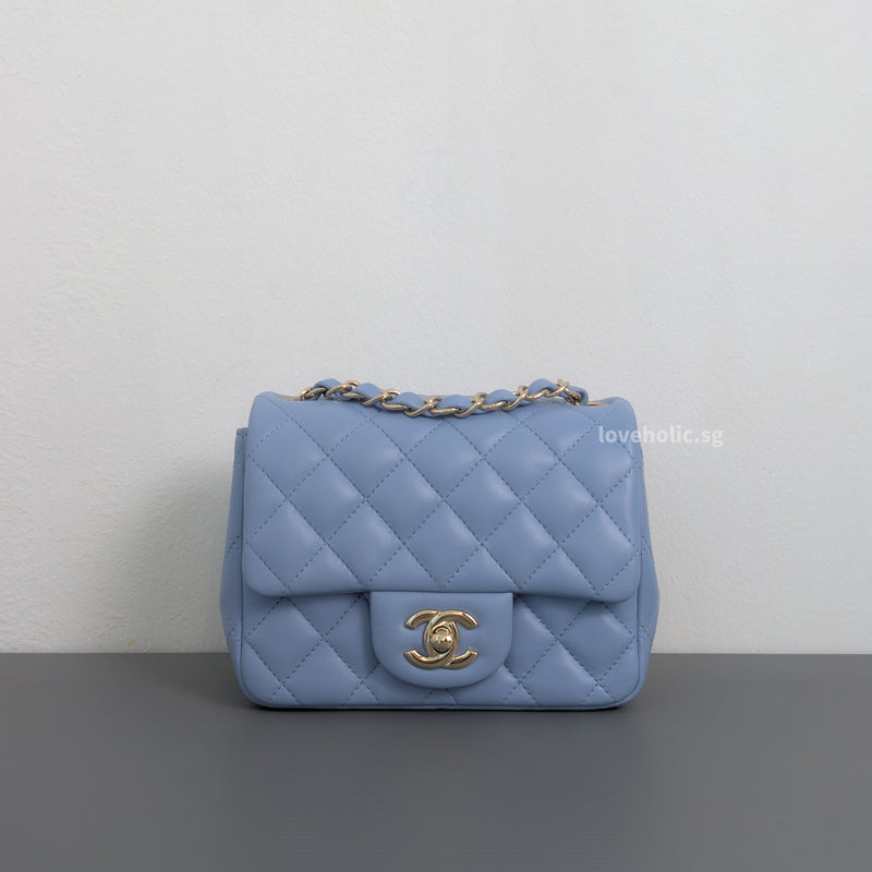Chanel Classic Flap Mini Square  | Sky Blue Lambskin Light Gold Hardware-whitebackground