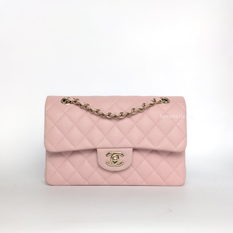 Chanel Classic Flap Small | 22B Sakura Light Pink Caviar Light Gold Hardware-whitebackground