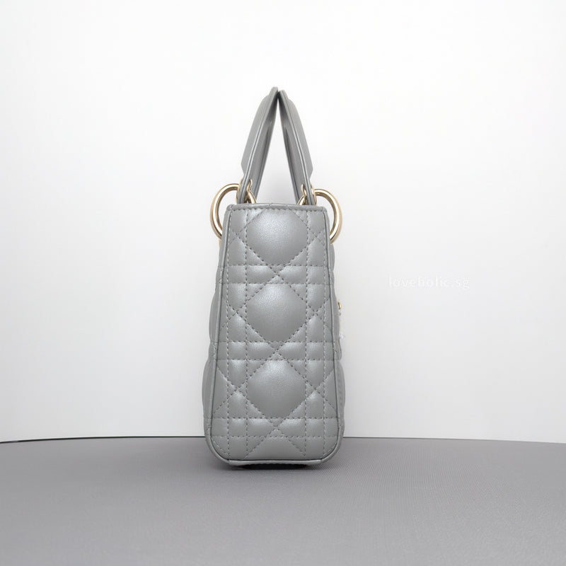 Dior Lady Dior Mini | Opal Grey Lambskin Light Gold Hardware-details