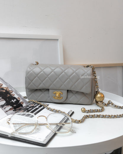 Chanel Pearl Crush Mini Rectangle 22B Light Grey Lambskin Brushed Gold Hardware-main