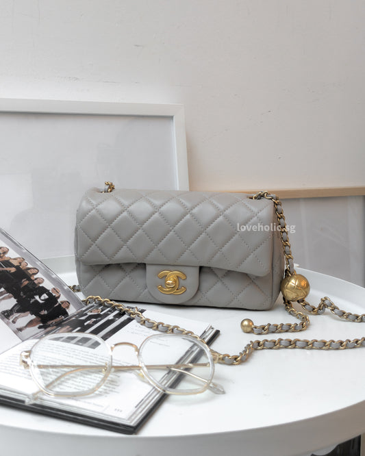 Chanel Pearl Crush Mini Rectangle 22B Light Grey Lambskin Brushed Gold Hardware-main