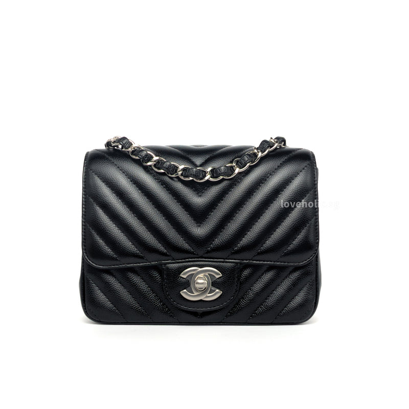 Chanel Classic Flap Chervon Mini Square | Black Lambskin Silver Hardware-whitebackground