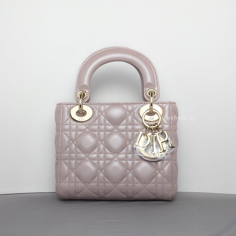 Dior Lady Dior Mini | Pearlescent Lotus Pink Lambskin Light Gold Hardware-whitebackground