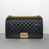 Chanel Boy Old Medium | Black Caviar Brushed Gold Hardware-whitebackground