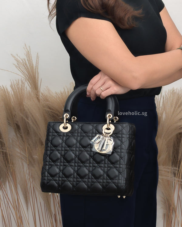 Dior Lady Dior Medium | Black Lambskin Gold Hardware-modelshots