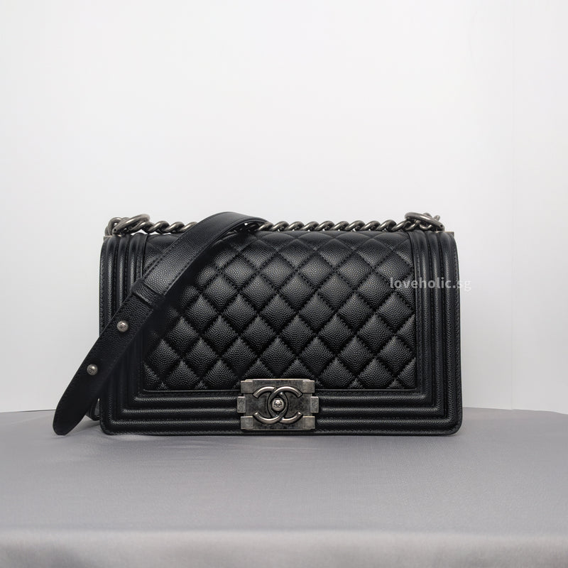 Chanel Boy Medium | Black Caviar Ruthenium Hardware-whitebackground