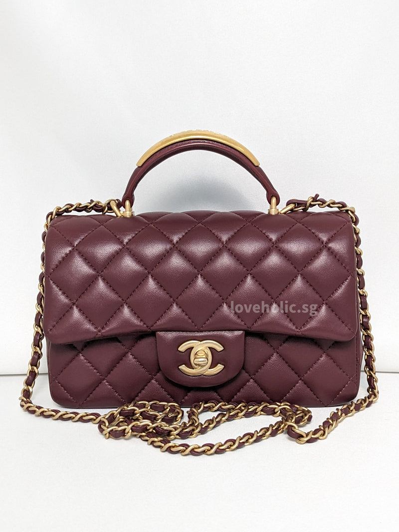 Chanel Mini Rectangle with Top Handle  | 22P Burgundy Lambskin Gold Hardware