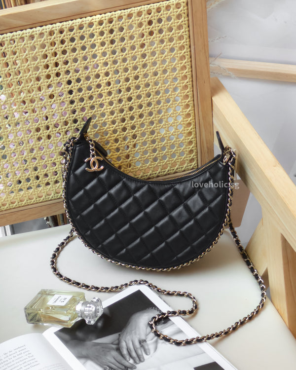 Half Moon Hobo Bag 23P Black Lambskin Light Gold Hardware