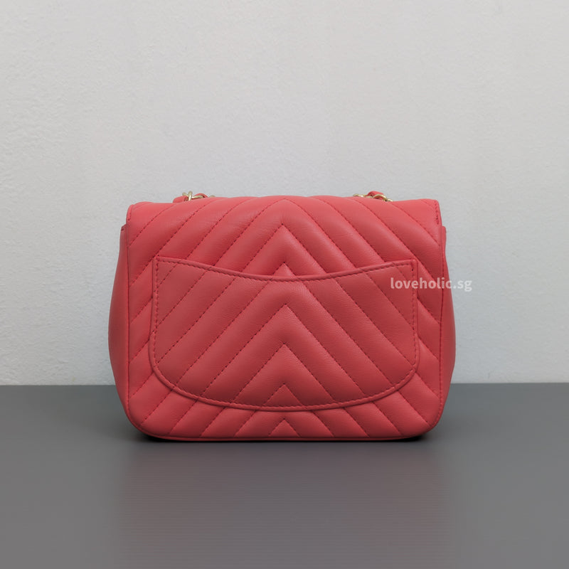 Chanel Classic Flap Chevron Mini Square | Coral Pink Lambskin Gold Hardware-back
