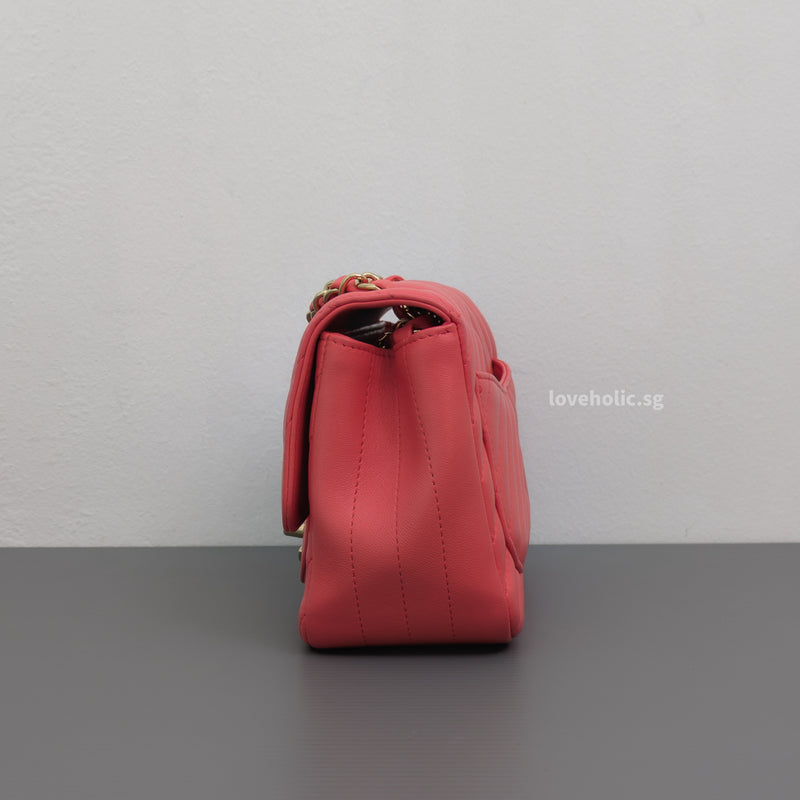 Chanel Classic Flap Chevron Mini Square | Coral Pink Lambskin Gold Hardware-details